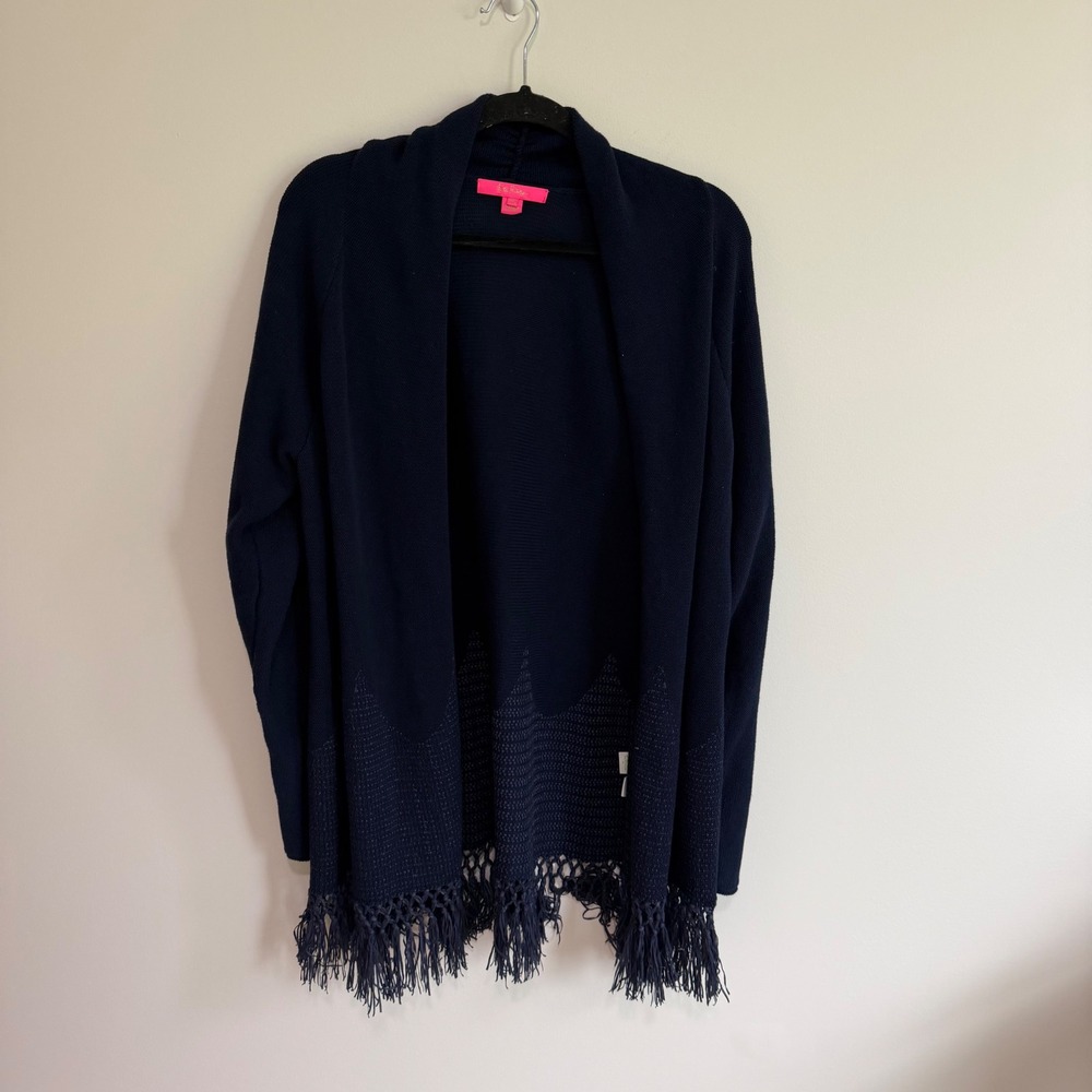 Lilly Pulitzer Navy Blue Fringe Open Front Cardigan Sweater XXL